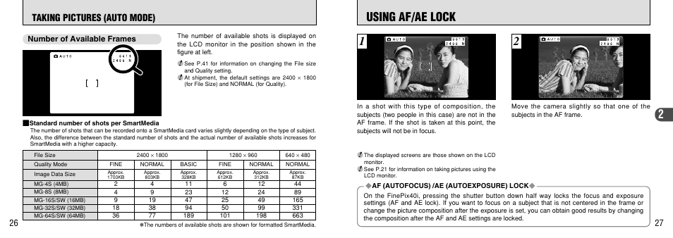 Number of available frames, Using af/ae lock, P.27) | Taking pictures (auto mode) | FujiFilm FinePix 40i User Manual | Page 14 / 58