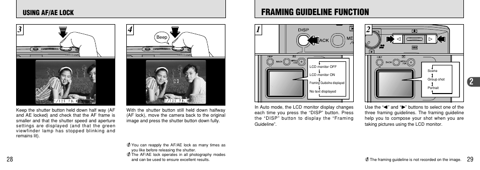 Framing guideline function, Button, P.29, 34 | Switch the lcd monitor on, P.29), Framing guideline function 2 1, Using af/ae lock | FujiFilm FinePix 40i User Manual | Page 15 / 58