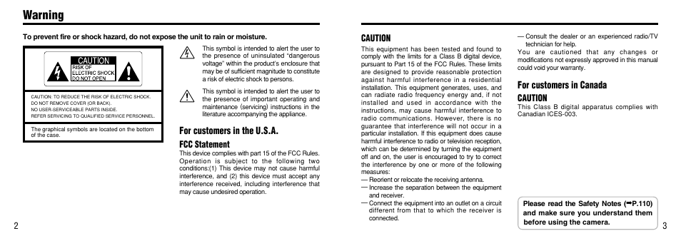 Warning, For customers in the u.s.a, For customers in canada | Caution, Fcc statement | FujiFilm FinePix 40i User Manual | Page 2 / 58