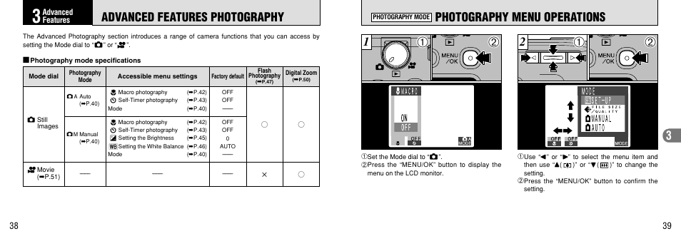 3 advanced features, Advanced features photography, Photography mode specifications | Photography menu operations | FujiFilm FinePix 40i User Manual | Page 20 / 58