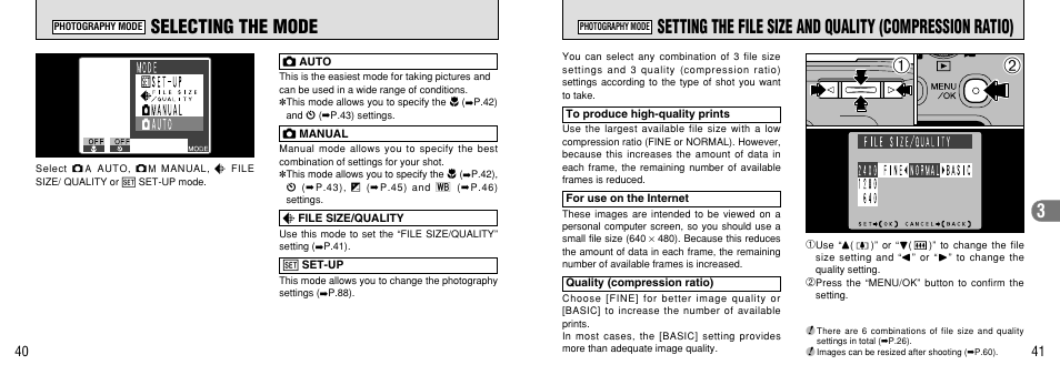 Photography mode, Selecting the mode, Compression ratio) | P.40) | FujiFilm FinePix 40i User Manual | Page 21 / 58