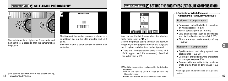 Setting the brightness (exposure compensation), Setting the brightness, Exposure compensation) | P.44), P.45), P.45) and, Self-timer photography | FujiFilm FinePix 40i User Manual | Page 23 / 58