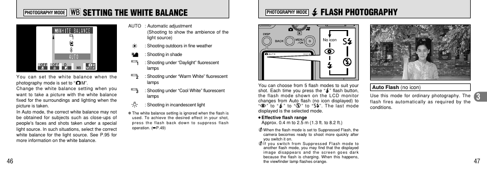 Setting the white balance, Flash photography, Auto flash | Flash button, P.47), Flash, The flash, P.47) or a tripod to prevent blurred, P.46), Given circumstances | FujiFilm FinePix 40i User Manual | Page 24 / 58