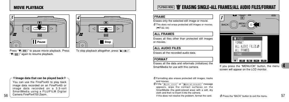 Playback menu, Erasing single•all frames/all audio files/format, Erasing single | All frames, All audio files/format, All frames/all audio files/format, Movie playback | FujiFilm FinePix 40i User Manual | Page 29 / 58