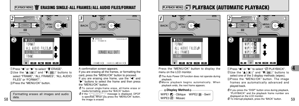 Playback (automatic playback), P.59), Erasing single | All frames/all audio files/format | FujiFilm FinePix 40i User Manual | Page 30 / 58
