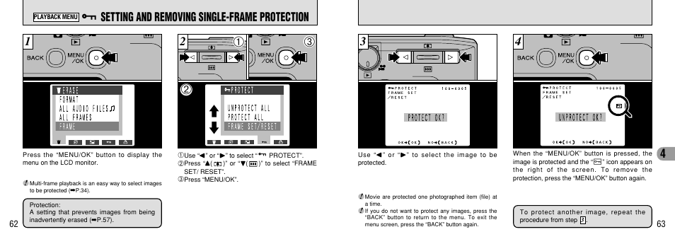 Setting and removing single-frame protection, Setting and removing single-frame, Protection | P.62), Psetting and removing single-frame protection | FujiFilm FinePix 40i User Manual | Page 32 / 58