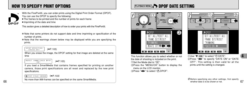 How to specify print options, Dpof date setting, See p.66, 92 for information on printing images | Dpof (digital print order format), P.66) | FujiFilm FinePix 40i User Manual | Page 34 / 58