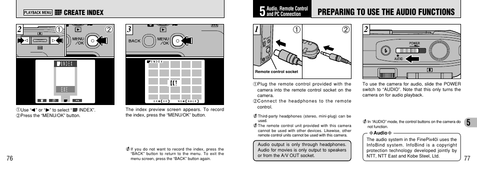 5 audio, remote control and pc connection, Preparing to use the audio functions, P.77) | FujiFilm FinePix 40i User Manual | Page 39 / 58