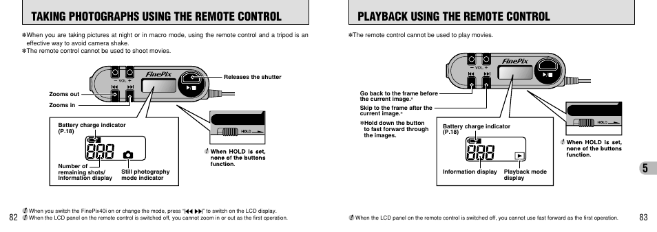 Taking photographs using the remote control, Playback using the remote control, See p.82 for more information on taking pictures | FujiFilm FinePix 40i User Manual | Page 42 / 58