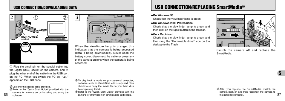 Usb connection/replacing smartmedia, P.86) | FujiFilm FinePix 40i User Manual | Page 44 / 58