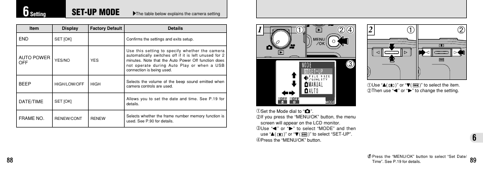 6 setting, Set-up mode, Enabled | P.88), the camera automatically, Settings, P.88) | FujiFilm FinePix 40i User Manual | Page 45 / 58