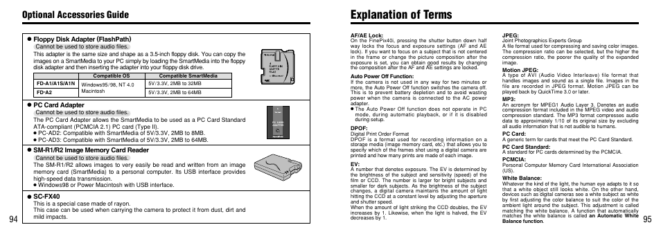 Explanation of terms, Time (motion jpeg format, P.95) at 320 | Optional accessories guide | FujiFilm FinePix 40i User Manual | Page 48 / 58