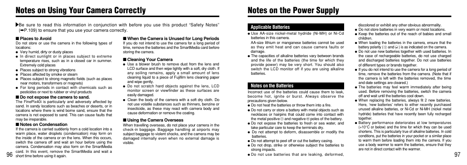 Notes on using your camera correctly, Notes on the power supply, Applicable batteries | Notes on the batteries, Lens as described on p.96 | FujiFilm FinePix 40i User Manual | Page 49 / 58