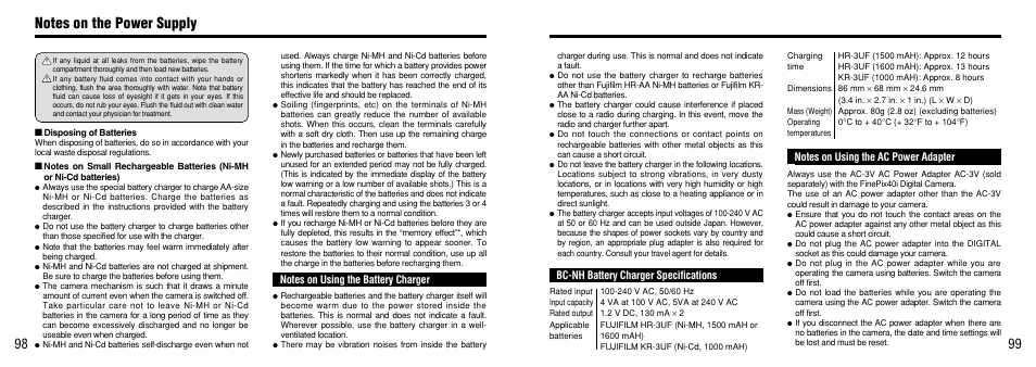 Notes on using the battery charger, Bc-nh battery charger specifications, Notes on using the ac power adapter | FujiFilm FinePix 40i User Manual | Page 50 / 58