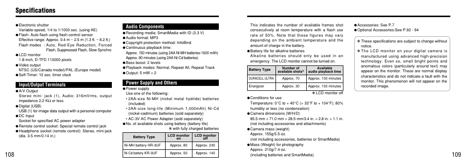 Specifications, Power supply and others, Input/output terminals | Audio components | FujiFilm FinePix 40i User Manual | Page 55 / 58