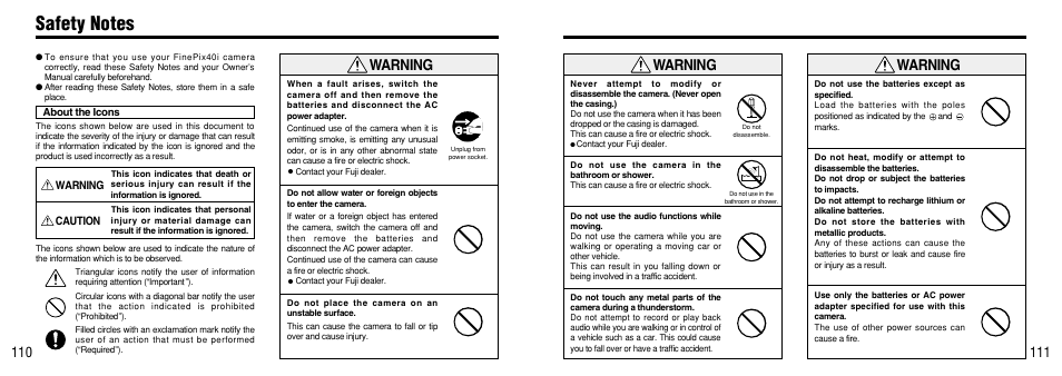 Safety notes, Warning | FujiFilm FinePix 40i User Manual | Page 56 / 58