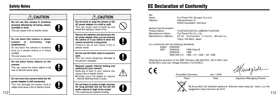 Ec declaration of conformity, Caution | FujiFilm FinePix 40i User Manual | Page 57 / 58