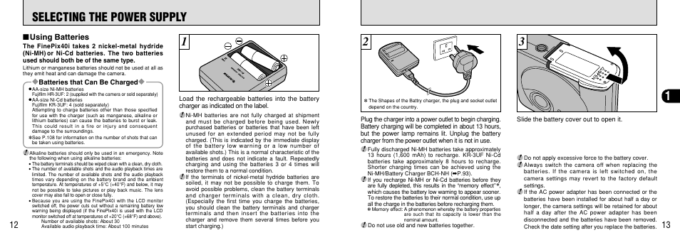 Selecting the power supply, Using batteries, P.13) | 1selecting the power supply | FujiFilm FinePix 40i User Manual | Page 7 / 58