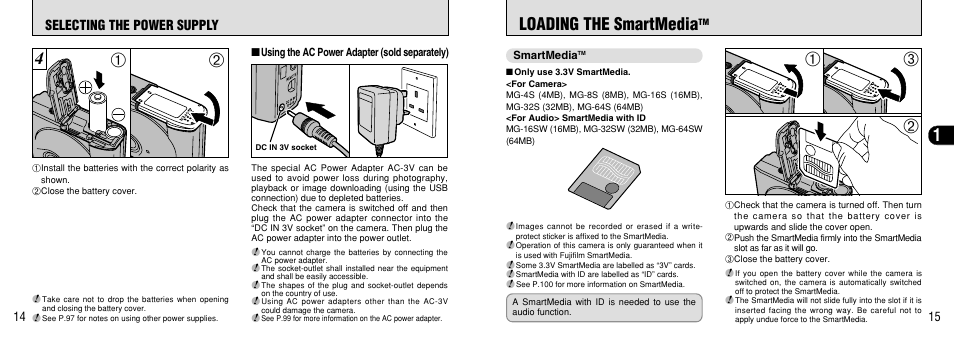 Using the ac power adapter (sold separately), Loading the smartmedia, P.14) | P.15), Battery compartment | FujiFilm FinePix 40i User Manual | Page 8 / 58