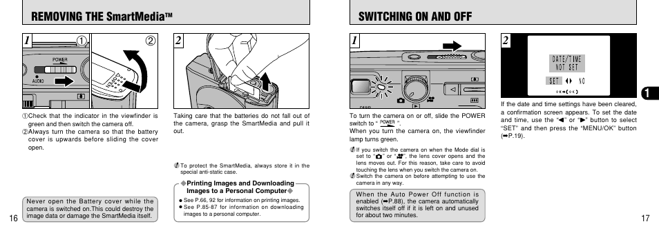 Removing the smartmedia, Switching on and off, Removing the smartmedia™ switching on and off | Power switch, P.17), 1switching on and off | FujiFilm FinePix 40i User Manual | Page 9 / 58