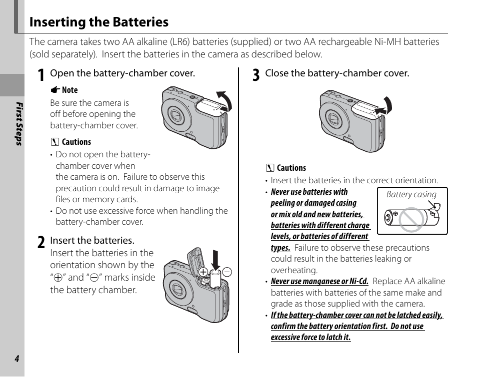 Inserting the batteries | FujiFilm FinePix A235 User Manual | Page 10 / 102