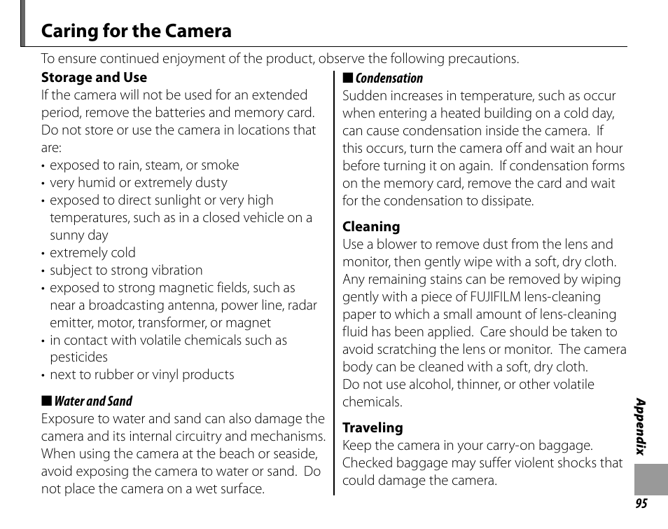 Caring for the camera | FujiFilm FinePix A235 User Manual | Page 101 / 102