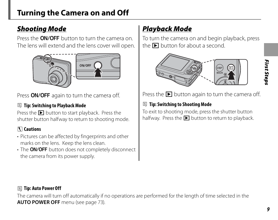 Turning the camera on and off, Shooting mode, Playback mode | FujiFilm FinePix A235 User Manual | Page 15 / 102