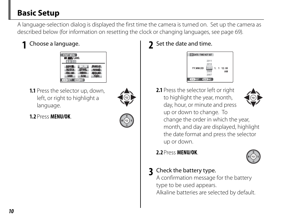 Basic setup, Choose a language, Set the date and time | FujiFilm FinePix A235 User Manual | Page 16 / 102