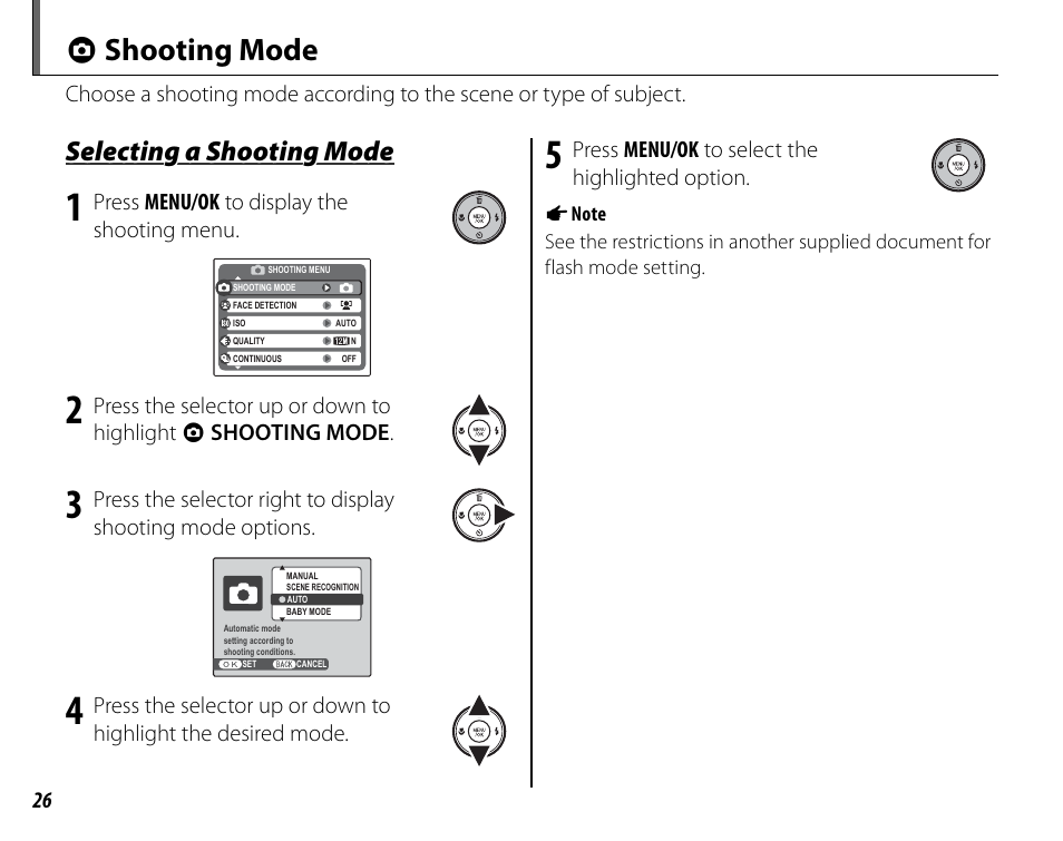 A shooting mode, Selecting a shooting mode | FujiFilm FinePix A235 User Manual | Page 32 / 102