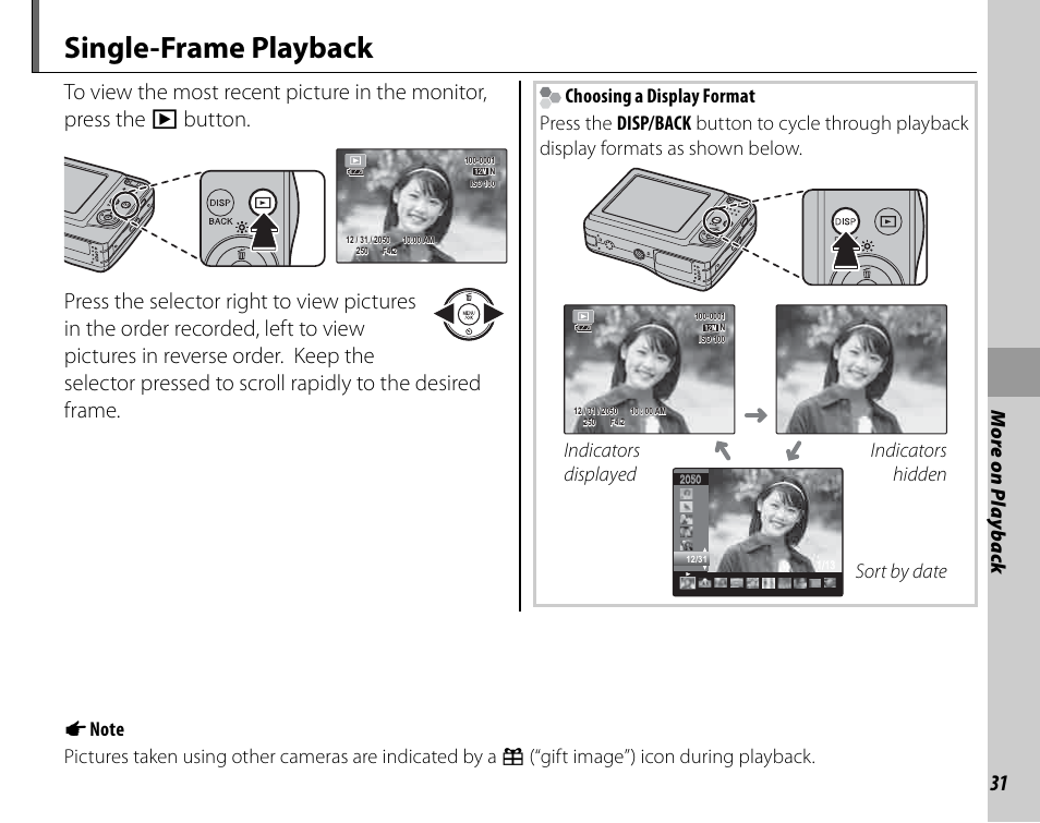 Single-frame playback, More on p laybac k | FujiFilm FinePix A235 User Manual | Page 37 / 102