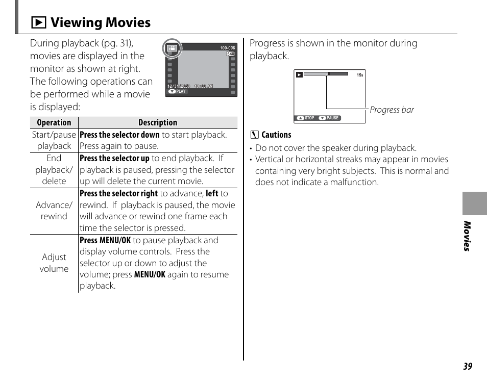 D viewing movies, Progress is shown in the monitor during playback | FujiFilm FinePix A235 User Manual | Page 45 / 102