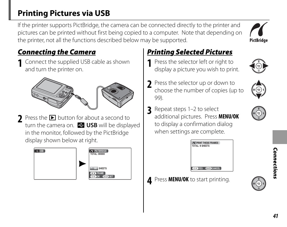 Printing pictures via usb, Connecting the camera, Printing selected pictures | FujiFilm FinePix A235 User Manual | Page 47 / 102