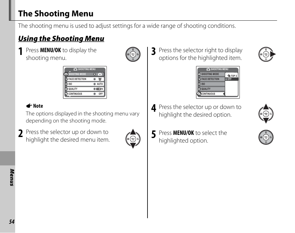 The shooting menu, Using the shooting menu, Press menu/ok to display the shooting menu | Press menu/ok to select the highlighted option | FujiFilm FinePix A235 User Manual | Page 60 / 102
