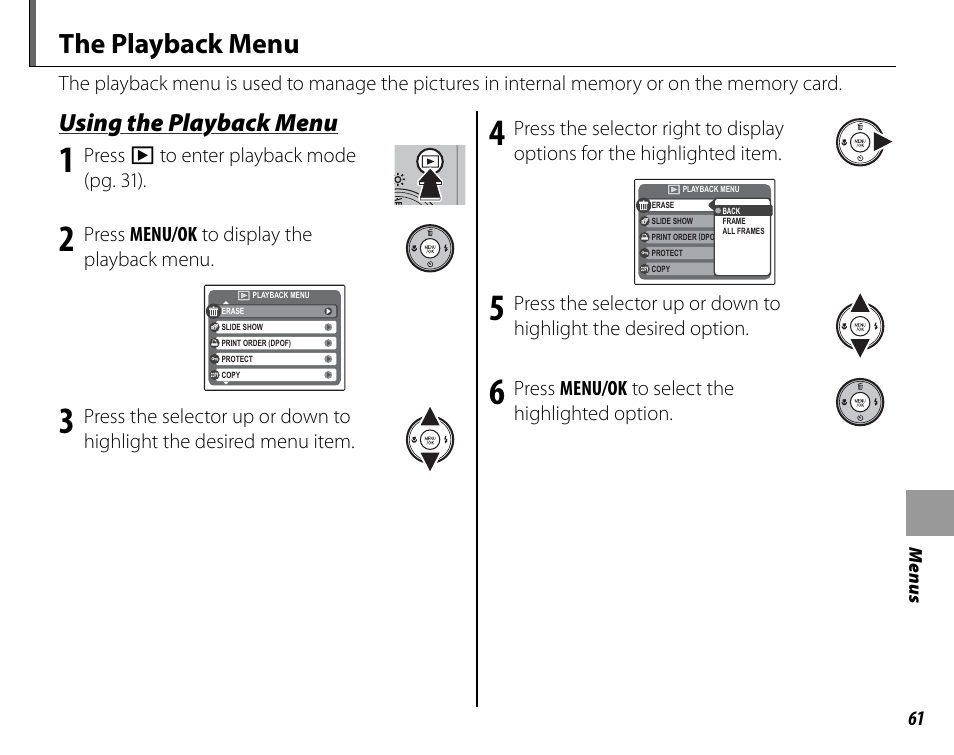 The playback menu, Using the playback menu | FujiFilm FinePix A235 User Manual | Page 67 / 102