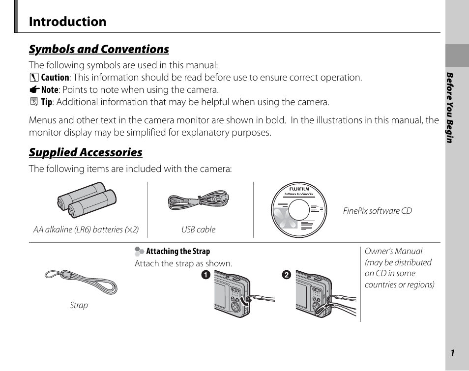 Introduction, Symbols and conventions, Supplied accessories | FujiFilm FinePix A235 User Manual | Page 7 / 102