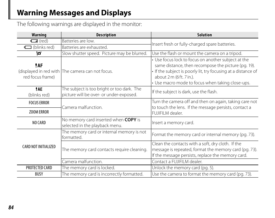 Warning messages and displays | FujiFilm FinePix A235 User Manual | Page 90 / 102