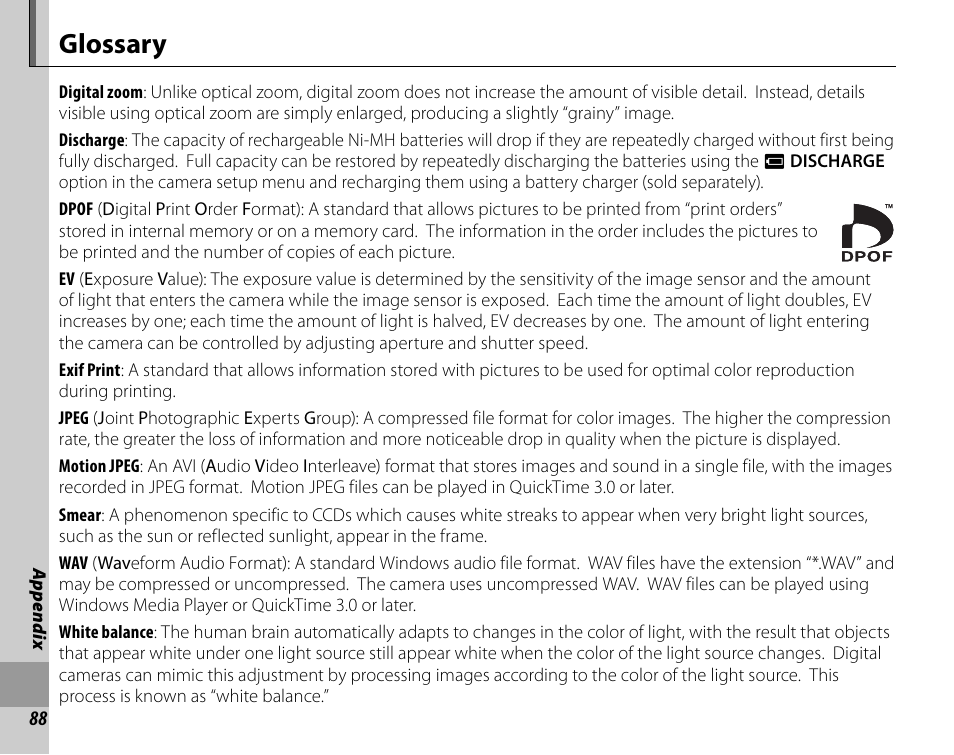 Glossary | FujiFilm FinePix A235 User Manual | Page 94 / 102