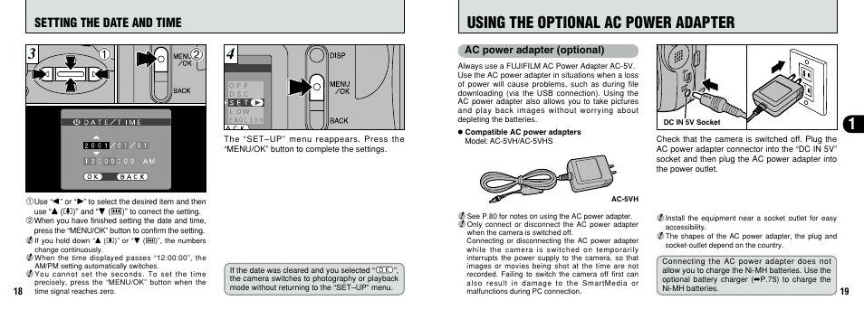 Using the optional ac power adapter, Setting the date and time | FujiFilm 2800 Zoom User Manual | Page 10 / 49