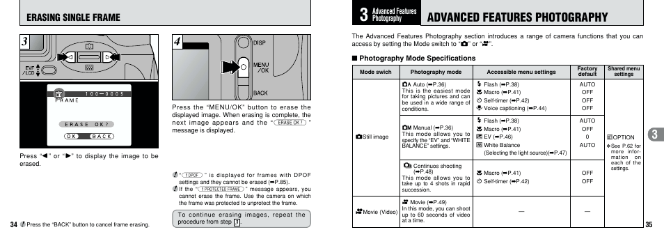 Advanced features photography, Erasing single frame | FujiFilm 2800 Zoom User Manual | Page 18 / 49