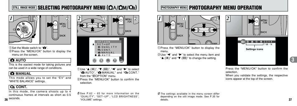 Photography menu operation, Selecting photography menu ( 1 / 2 / 6 ) | FujiFilm 2800 Zoom User Manual | Page 19 / 49