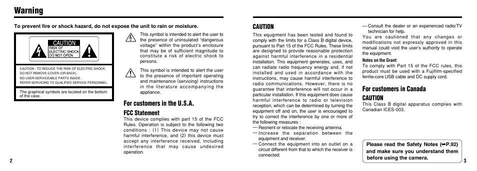 Warning, For customers in the u.s.a, For customers in canada | Fcc statement, Caution | FujiFilm 2800 Zoom User Manual | Page 2 / 49