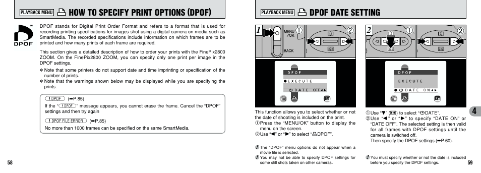 F how to specify print options (dpof), F dpof date setting | FujiFilm 2800 Zoom User Manual | Page 30 / 49
