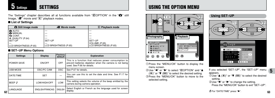 Using the option menu, Settings | FujiFilm 2800 Zoom User Manual | Page 32 / 49