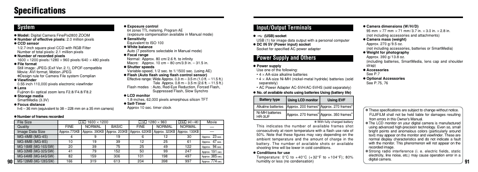 Specifications, Input/output terminals power supply and others, System | FujiFilm 2800 Zoom User Manual | Page 46 / 49