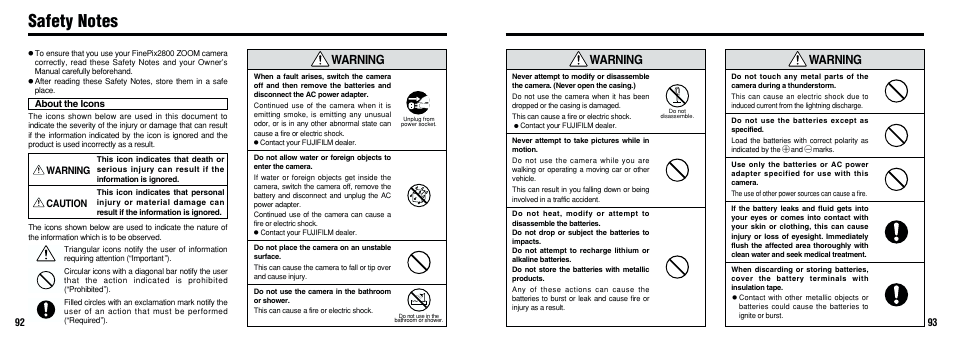 Warning | FujiFilm 2800 Zoom User Manual | Page 47 / 49