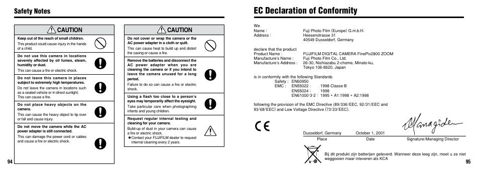 Ec declaration of conformity, Caution | FujiFilm 2800 Zoom User Manual | Page 48 / 49