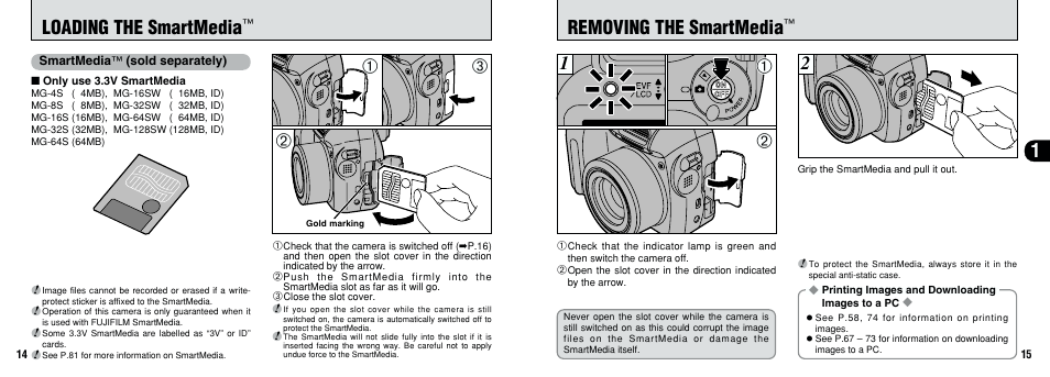 Removing the smartmedia, Loading the smartmedia | FujiFilm 2800 Zoom User Manual | Page 8 / 49