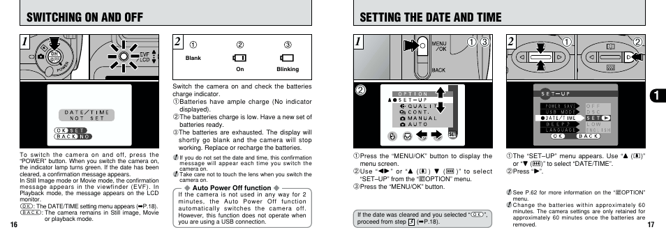 Setting the date and time, Switching on and off | FujiFilm 2800 Zoom User Manual | Page 9 / 49