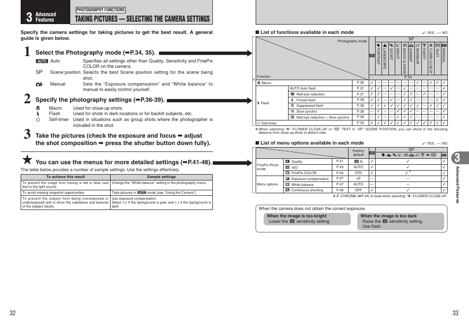 Taking pictures — selecting the camera settings, Select the photography mode ( ➡ p.34, 35), Specify the photography settings ( ➡ p.36-39) | FujiFilm A470 User Manual | Page 17 / 61