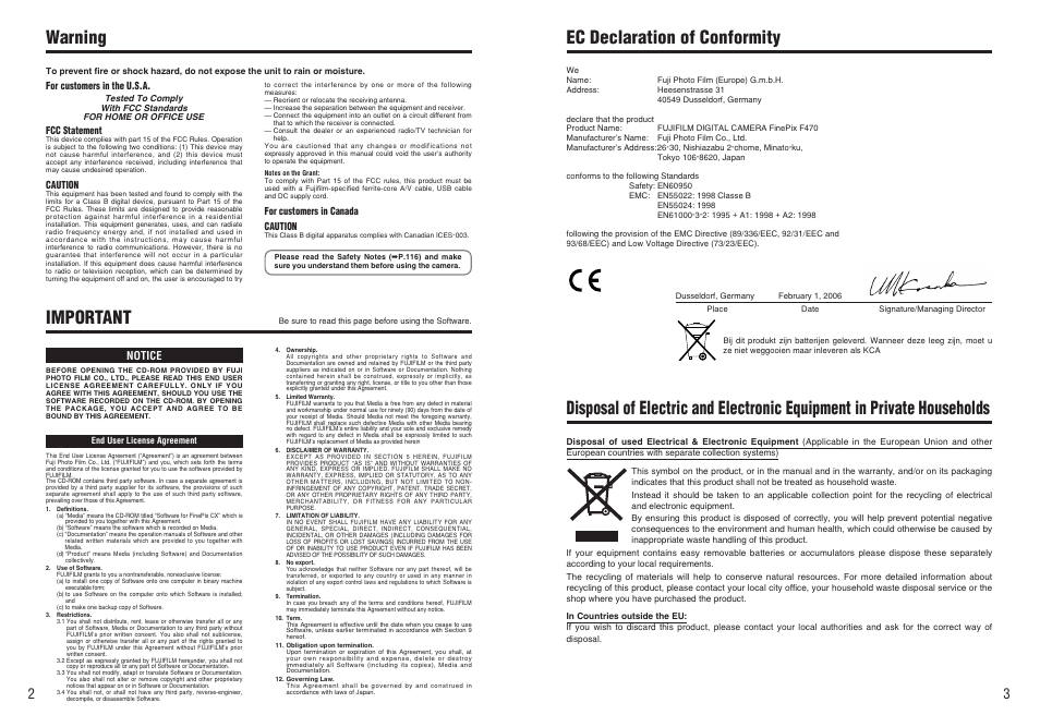 Warning important, Ec declaration of conformity | FujiFilm A470 User Manual | Page 2 / 61